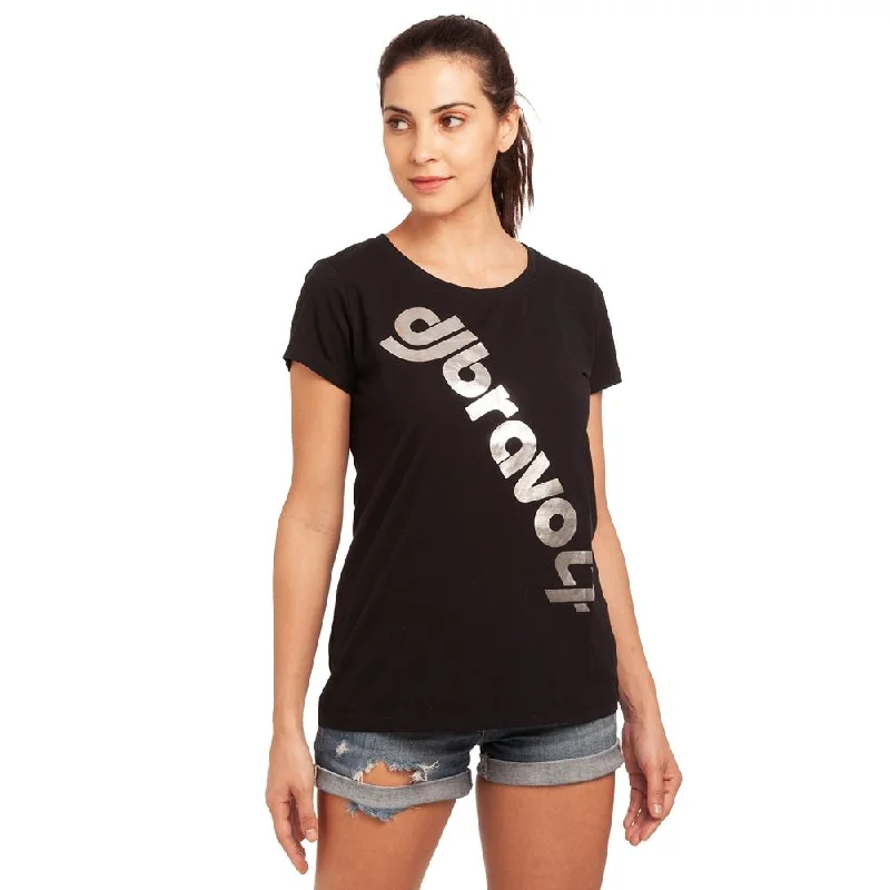 Women’s ruffle sleeve tops for playful style -djbravo47 Women's Black - Logo Silver Foiled T-shirt