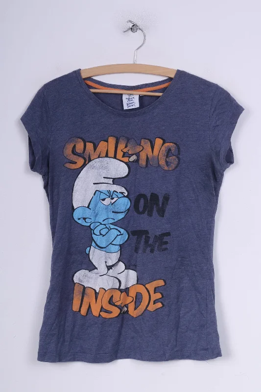 Women’s striped tops for nautical-inspired fashion -Smiling On The Inside Womens 14 L Shirt Graphic  Smurfs Blue Cotton