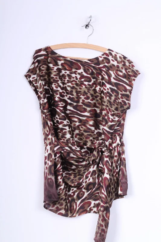 Women’s henley tops for casual chic -Clements Ribeiro Portobello Womens M 12 38 Shirt Tunic Blouse Animal Leopard Print Sleeveless Brown