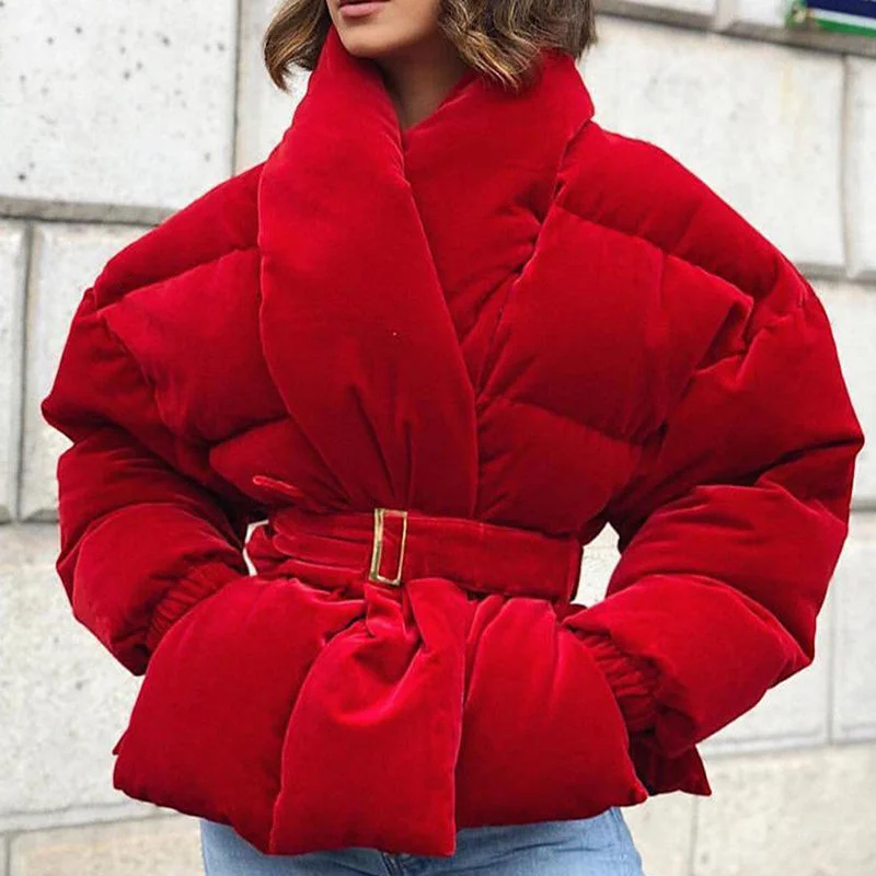 Women’s trench coats for rainy days -Trendy Women Gold Velvet Winter Thick Warm Red Short Coat Cotton Padded Jacket Coats