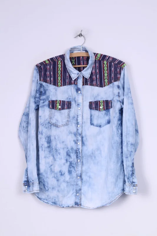 Women’s fleece hoodie tops for winter warmth -Life in progress Womens S Denim Shirt Aztec Details Acid Wash Jeans Snaps