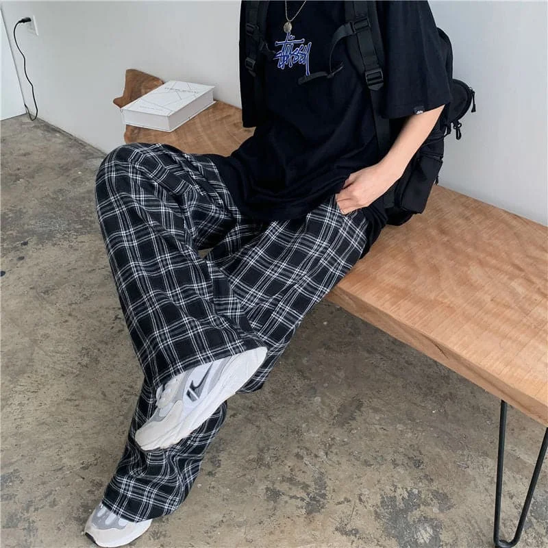 Women’s maternity pants for comfortable wear -DressBetty - Oversize 3XL Plaid Pants Women Casual Loose Wide Leg Trousers Ins Retro Teens Straight Trousers Hip-hop Unisex Streetwear