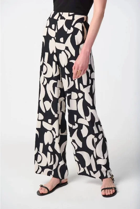 Women’s distressed jeans for casual style -Abstract Print Wide-Leg Pants In Black/moonstone