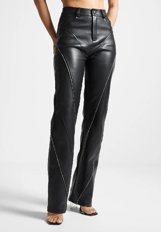 Women’s cropped pants for stylish look -Leather Biker Trousers with Zip - Black