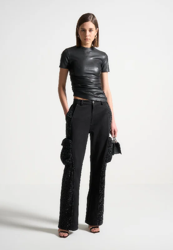 Women’s ankle pants for stylish finish -Rhinestone Contour Cargo Pants - Black