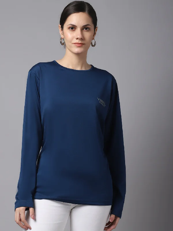 Women’s boatneck tops for casual elegance -Vimal Jonney Dryfit Lycra Blue FullSleeve T-Shirt For Women