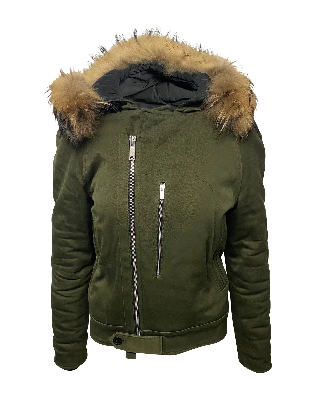 Women’s quilted coats for modern look -Sandro Paris Fur Trim Hooded Parka in Green Cotton