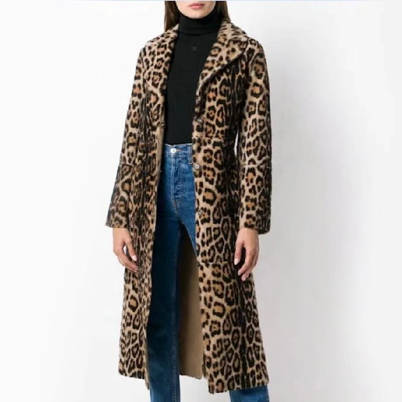 Women’s denim jackets for all-season wear -Womens Faux Fur Leopard Coat with Waist Tie