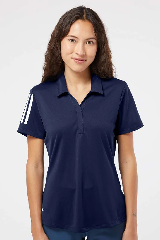 Women’s ribbed tops for textured look -Adidas Womens Floating 3 UPF 50+ Stripes Short Sleeve Polo Shirt - Team Navy Blue/White