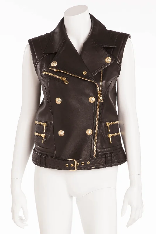 Women’s lightweight jackets for spring and fall -Balmain - Black Leather Vest Gold Zippers and Buttons - FR 40