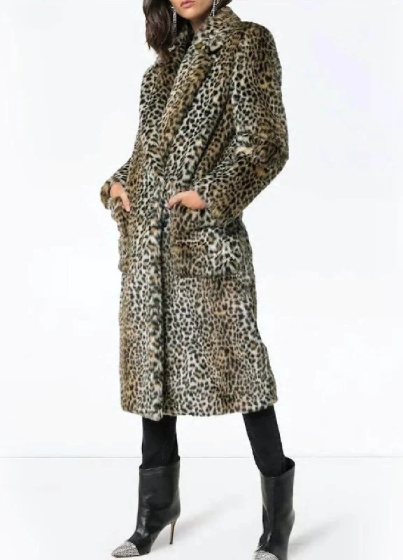 Women’s winter jackets for cold weather -Womens Faux Fur Leopard Long Coat with Pockets