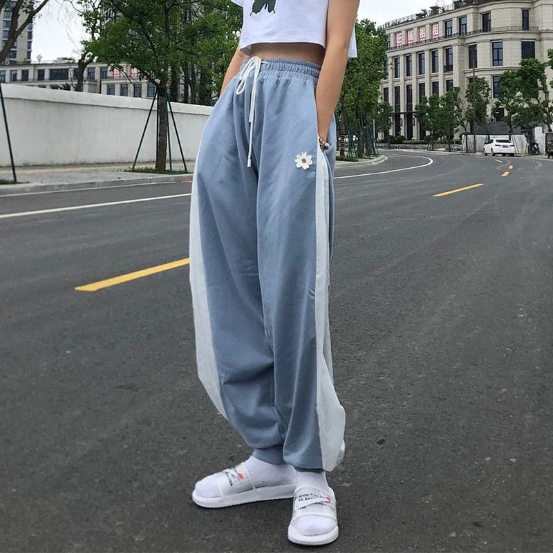 Women’s satin leggings for sleek look -DressBetty - White Blue Contrast Loose Jogging Pants Women High Waist Drawstring Trousers Casual Pants Female Korean Streetwear Pants