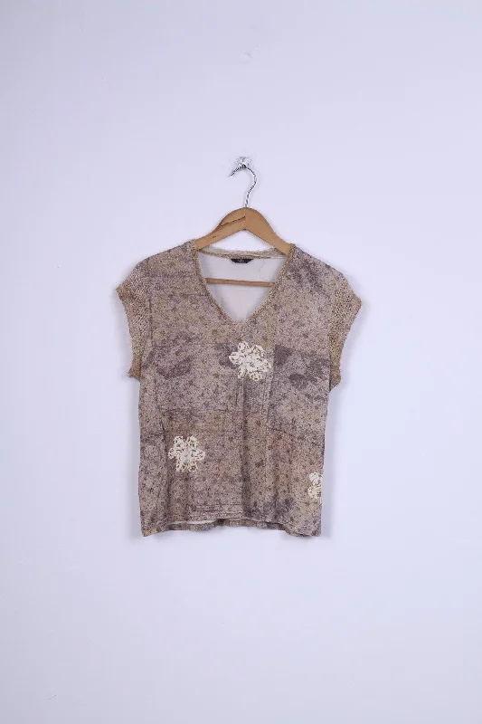 Women’s denim tops for casual chic style -Kello Womens M Shirt V Neck Flowers Sleeveless Beige