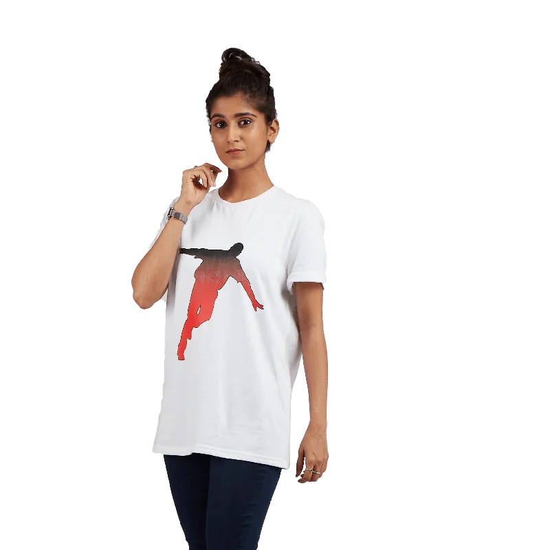 Women’s oversized sweater tops for cozy vibes -djbravo47 Women’s White -Celebration Red/Black T-shirt