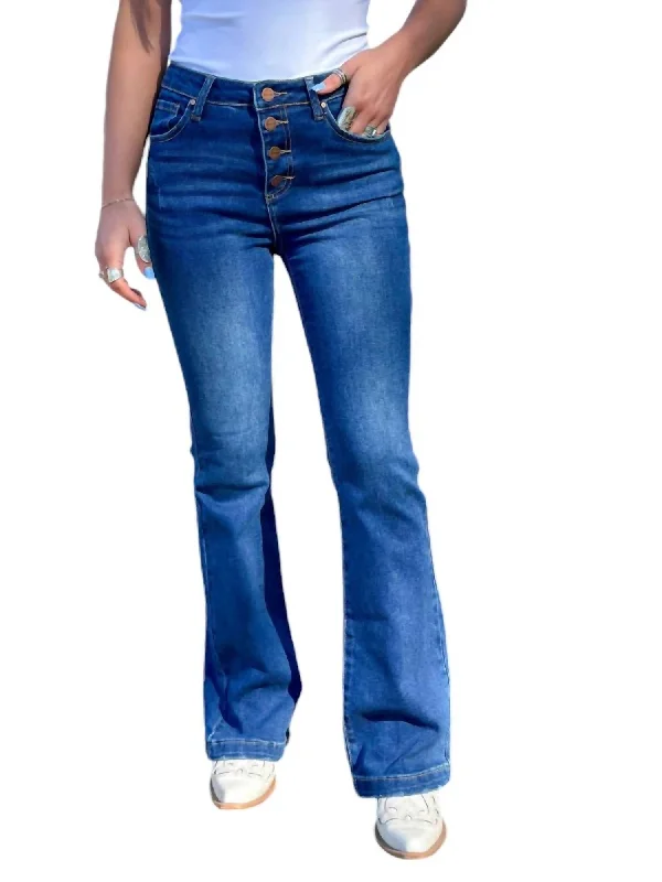 Women’s cotton pants for breathable comfort -Button Down Boot Cut Jeans In Dark Wash