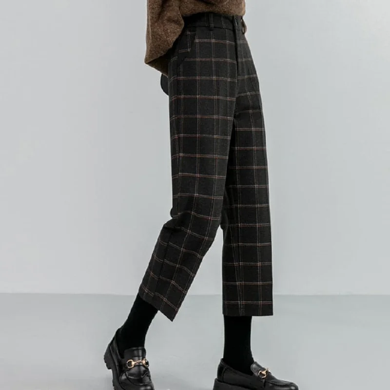 Women’s wide-leg pants for trendy style -DressBetty - Woolen Plaid Autumn Winter Women's High Waist Formal Straight Pants Loose Ankle-Length Pants Female Boots Pants Plus Size