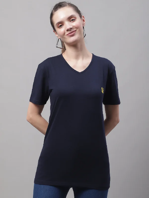 Women’s tank tops for layering in summer -Vimal Jonney V Neck Cotton Solid Navy Blue T-Shirt for Women