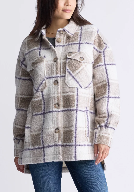 Women’s long coats for full coverage -Royce Women's Plaid Coat, Beige & Purple - JK0033F