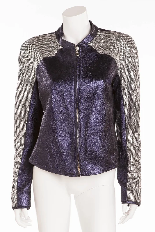 Women’s faux-suede jackets for soft texture -Balmain - Unique New with Tags Navy Blue Pearlescent Leather Jacket w/Rhinestone Arms - FR 40