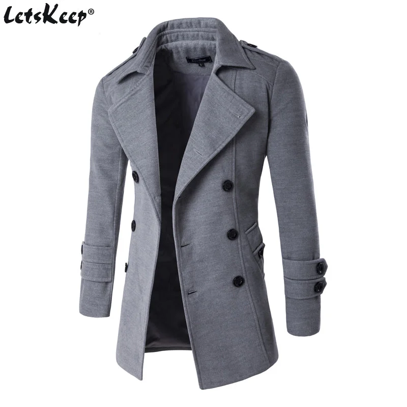 Women’s wool coats for winter elegance -Letskeep NEW Men's Spring Autumn Overcoat for man wool & blends double breasted peacoat trench coat men Slim fit, ZA193