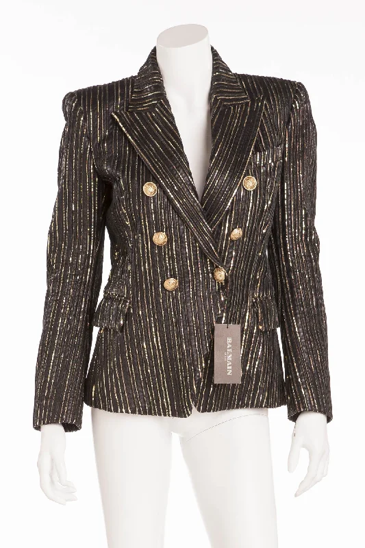 Women’s fitted jackets for flattering silhouette -Balmain - NWT Black and Gold Leather Blazer Gold Buttons - FR 40