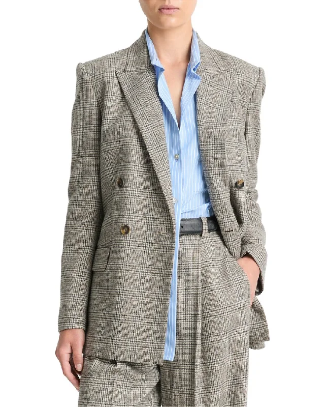 Women’s military jackets for rugged style -Vince Plaid Double Breasted Wool-Blend Blazer