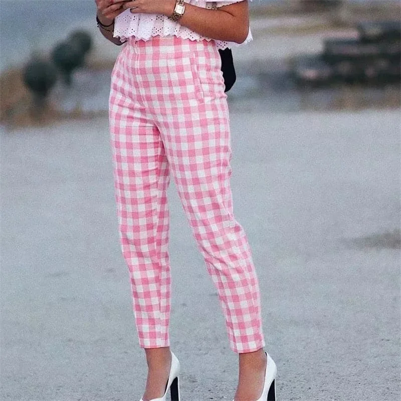 Women’s lace pants for feminine flair -DressBetty - Office Lady Fashion Pink Plaid Suit Cotton Long Pants Women Summer Za High Waist Zipper Straight Chic Trousers