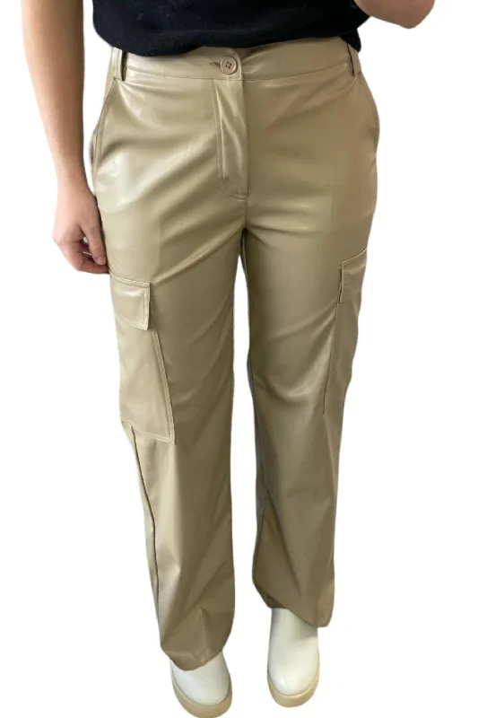 Women’s high-rise pants for waist-defining fit -Leather Cargo Pants In Taupe