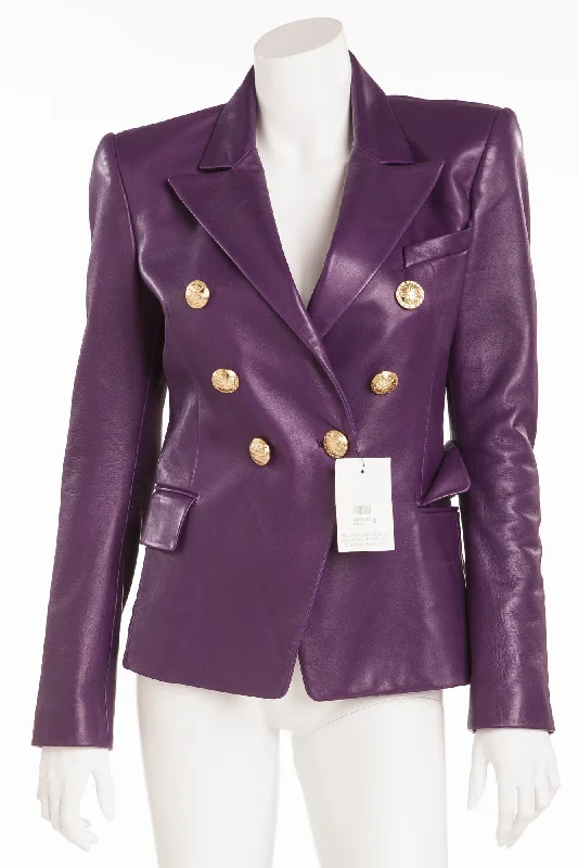 Women’s oversized denim jackets for relaxed fit -Balmain - Purple Leather Blazer Gold Buttons NWT - FR 40