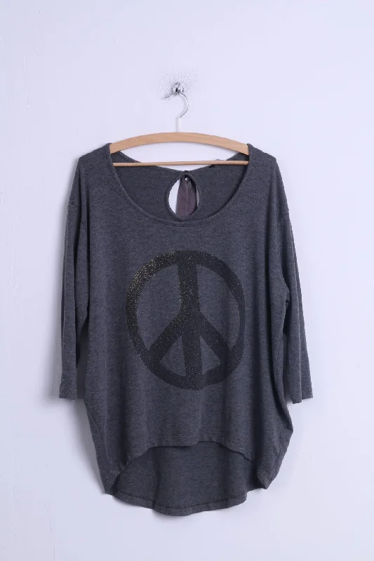 Women’s sheer sleeve tops for light coverage -Select Womens 12 40 L Shirt Grey Cotton Graphic peace 3/4 Sleeve Top Back Tape