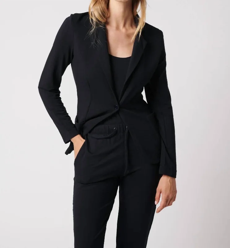 Women’s military jackets for rugged style -French Terry Fleece One-Button Blazer In Black