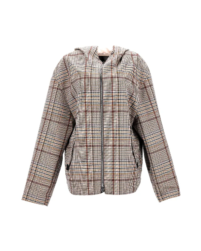 Women’s fitted jackets for flattering silhouette -Hermes Checkered Print Hooded Zip Jacket in Brown Organic Cotton