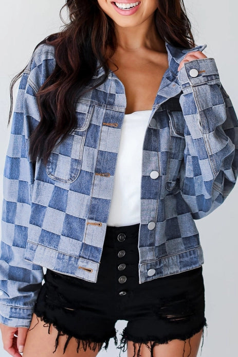 Women’s athletic jackets for gym style -CHECKER DENIM POCKETED JACKET