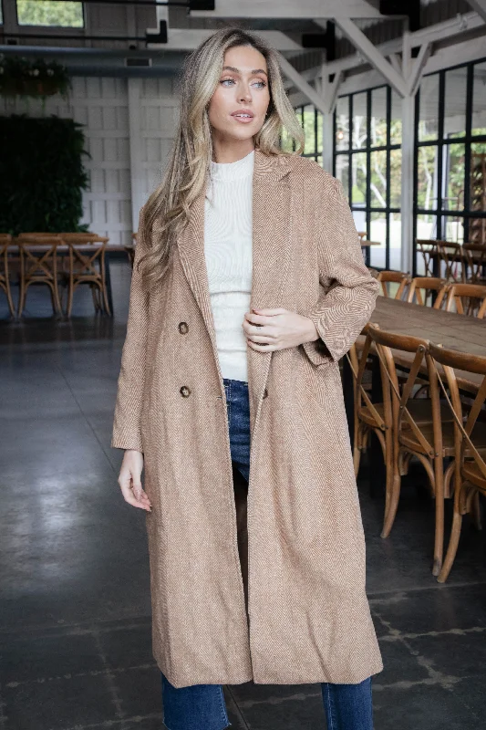 Women’s fleece-lined jackets for added comfort -Ciera Herringbone Long Coat, Chestnut