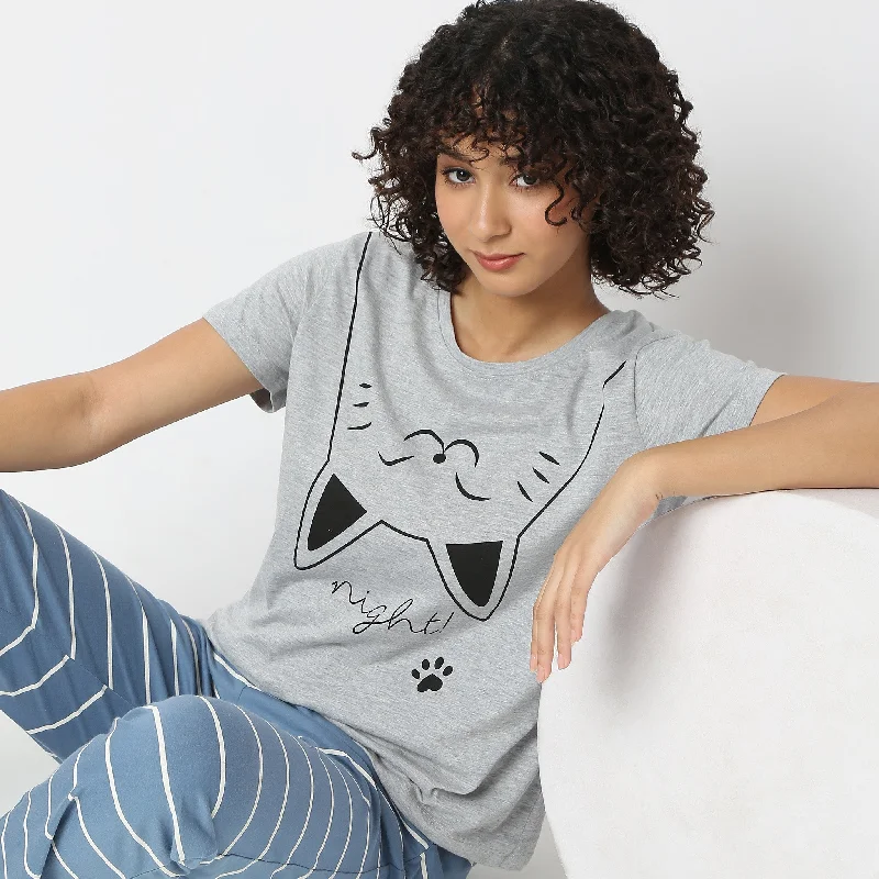 Women’s peplum blouse tops for feminine touch -Cat Printed Lounge T-Shirt