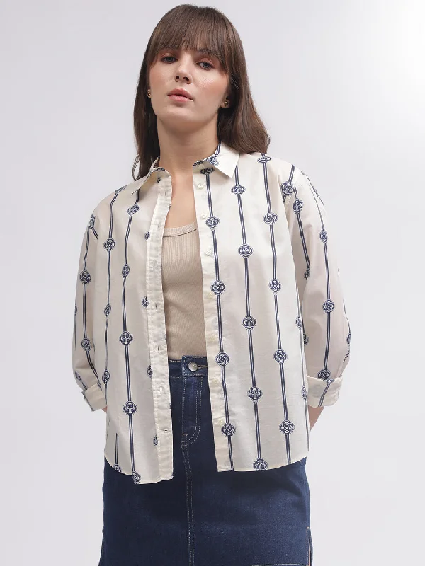 Women’s denim tops for casual chic style -Gant Women White Printed Spread Collar Full Sleeves Shirt