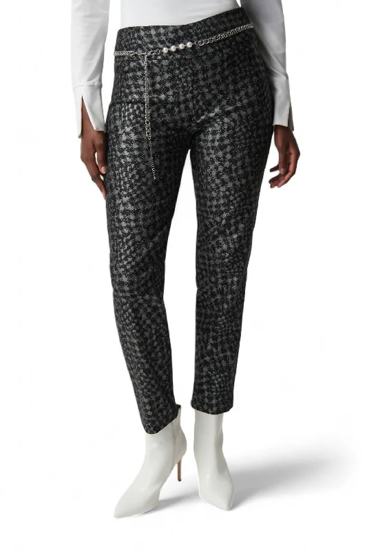 Women’s maternity pants for comfortable wear -Houndstooth Millennium Pull-On Pants With Pearl Belt In Black/multi