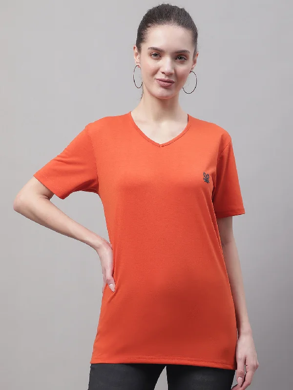 Women’s turtleneck tops for winter fashion -Vimal Jonney V Neck Cotton Solid Rust T-Shirt for Women