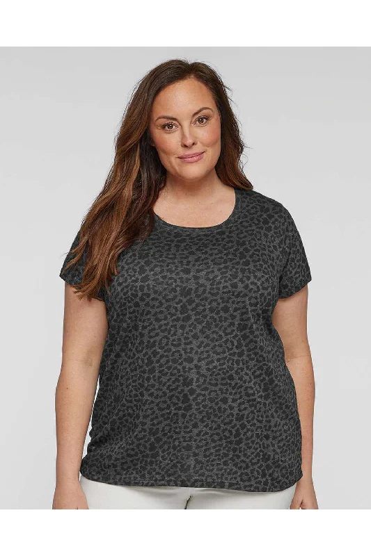 Women’s long-sleeve tops for cooler weather -LAT Womens Curvy Collection Fine Jersey Short Sleeve Crewneck T-Shirt - Black Leopard - Closeout