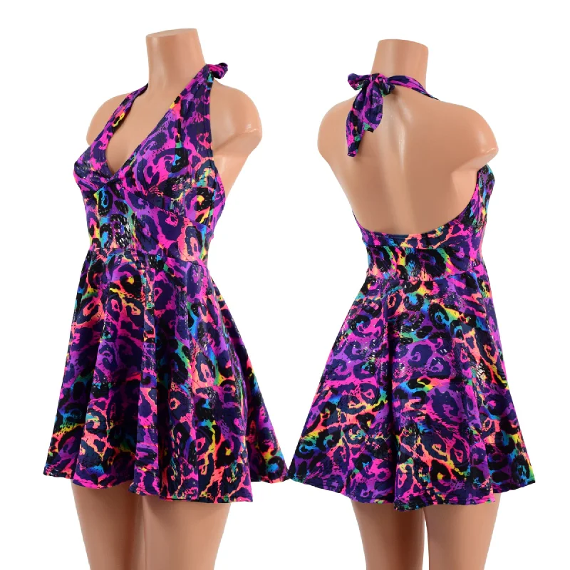 Women’s lace-up dresses for trendy look -Rainbow Leopard UV Glow Halter Skater Dress