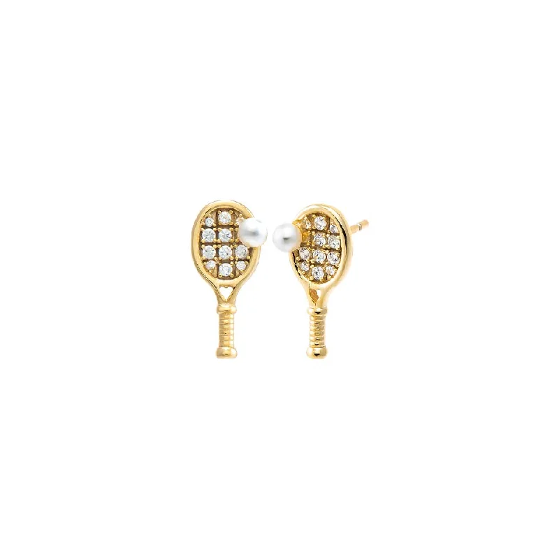 Women’s sequined dresses for glamorous evenings -Mini Accented Tennis Racket Stud Earring | Faux Pearl | 14K Gold Plated