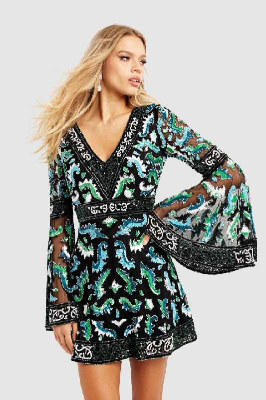 Women’s cocktail dresses for night outs -L/S Black/Multi Short Dress