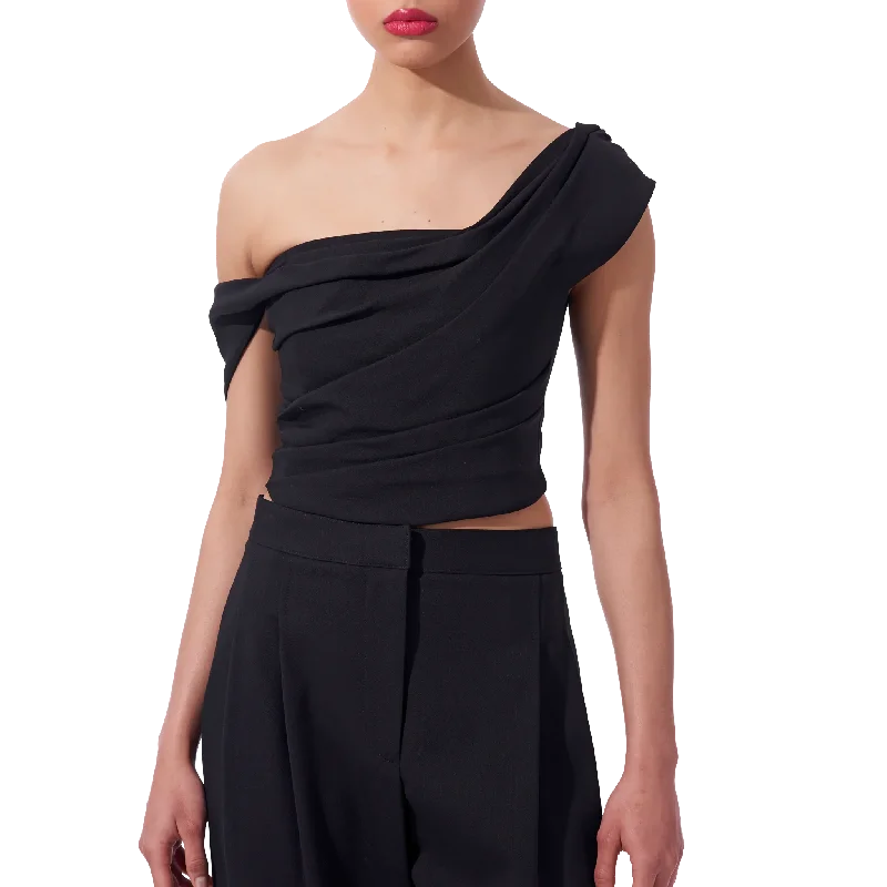 Women’s ribbed tops for textured look -Twisted Shoulder Corset Cropped Top | Black