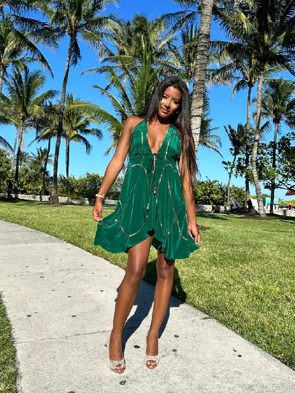 Women’s wrap dresses for flattering fit -Tulum Dark Green W Gold Short Dress