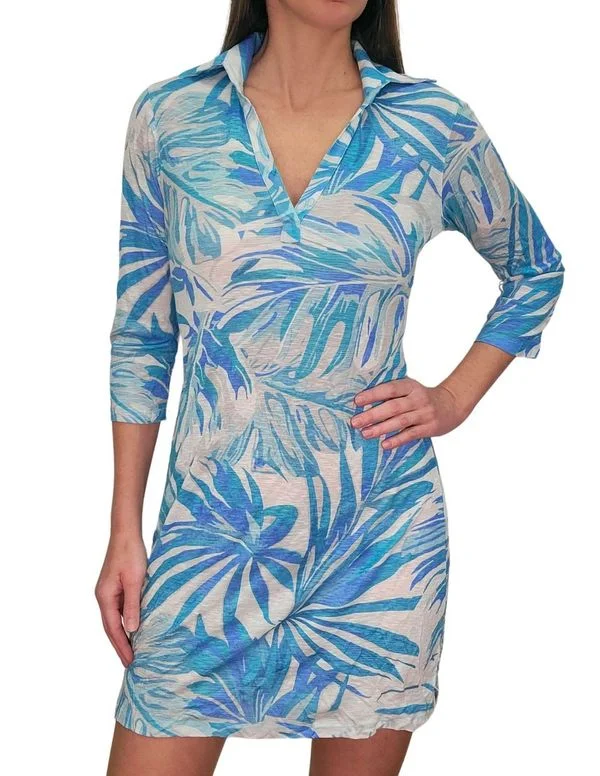 Women’s satin dresses for luxurious look -David Cline 3/4 Sleeve Polo Dress - Wave