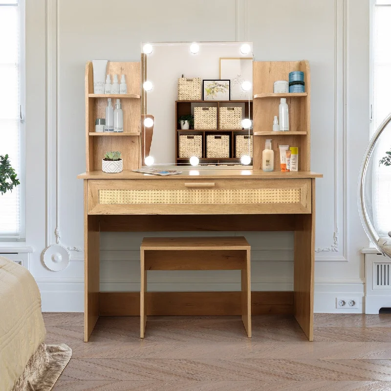 Women’s ruffle dresses for playful style -Dressing Table Vanity Desk and Stool Set with LED Lighting and Mirror and Drawer