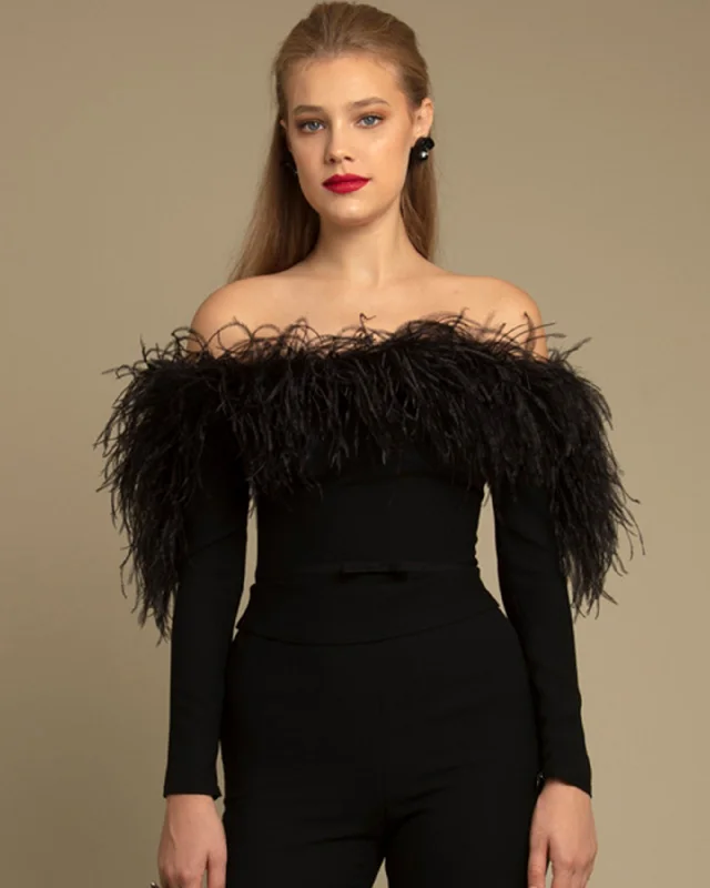 Women’s fitted blouse tops for professional style -Off-Shoulders Feathered Top