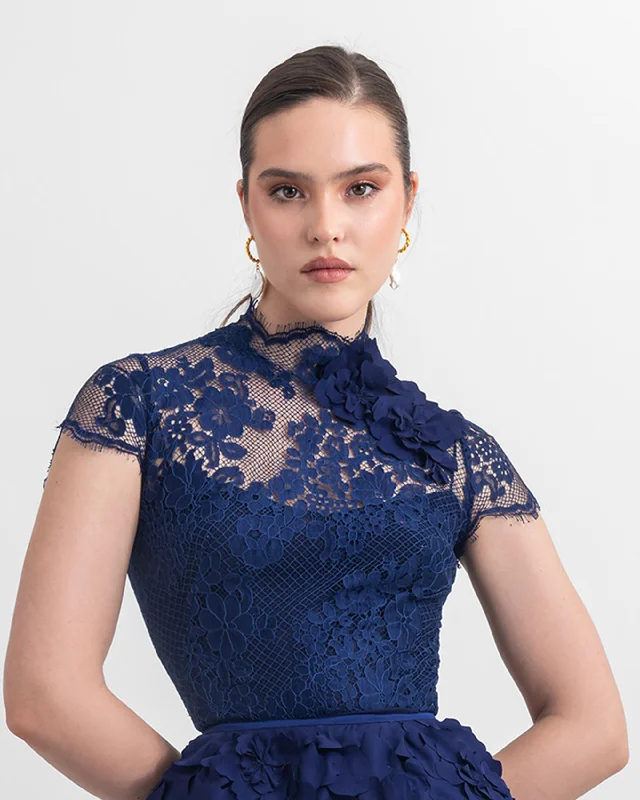 Women’s mesh sleeve tops for modern look -Navy Blue Lace Top