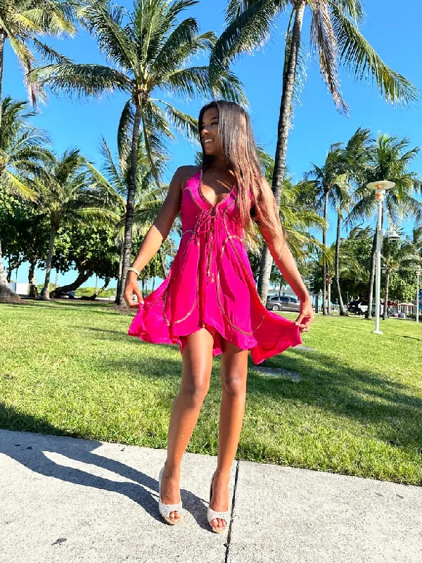 Women’s floral dresses for spring and summer -Tulum Fuchsia W Gold Short Dress