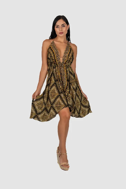 Women’s ruched dresses for flattering fit -Golden Baroque Mini Dress